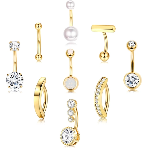 Belly Rings Navel Piercing Body Jewelry Stainless Steel With Zircon Artificial Pearl And Opal For Women Classic Style