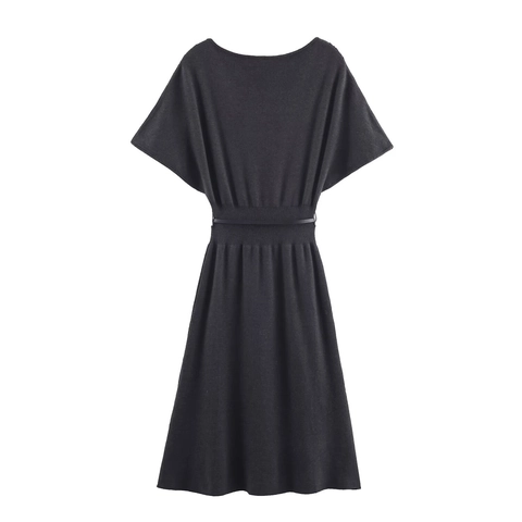 Vestido Midi De Punto Mujeres Manga Corta Cuello Barco Color Sólido Corte Ajustado Elegante Chic Con Cinturón Hebilla