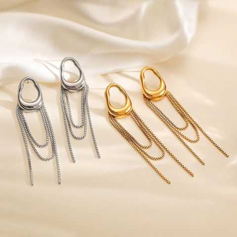 Stainless Steel Tassel Drop Earrings For Women 18K Gold Plated Long Chain Minimalist Geometric Irregular Hoop Jewelry
