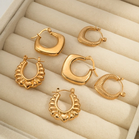 Stainless Steel Earrings 18K Gold Plated Vintage Minimalist Geometric Heart Textured C-Shape Fashion Jewelry For Women