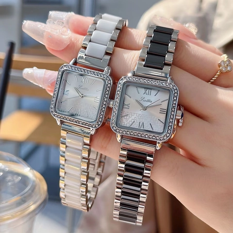 Montre À Quartz Femme Luxe Mode Cadran Carré Lunette Strass Bracelet Acier Inoxydable Céramique Étanche Chiffres Romains
