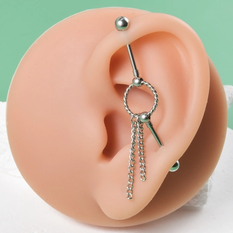 Stainless Steel Industrial Barbell Ear Piercing Jewelry With Cross Charm Double Chain Cubic Zirconia Punk Unisex Style