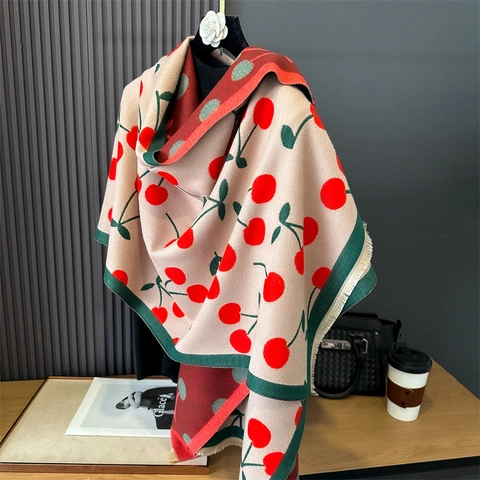 Women Winter Warm Scarf Double Sided Cute Cherry Pattern Jacquard Tassel Long Shawl Viscose Imitation Cashmere Neck Wrap