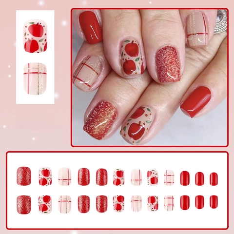 Short Square Press On Nails Glossy Christmas Red Apple Plaid Glitter Artificial Finger Nails