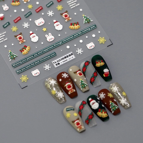 Christmas 5D Relief Nail Stickers Stereoscopic Santa Reindeer Snowflake Gingerbread Man Adhesive Cute DIY Manicure