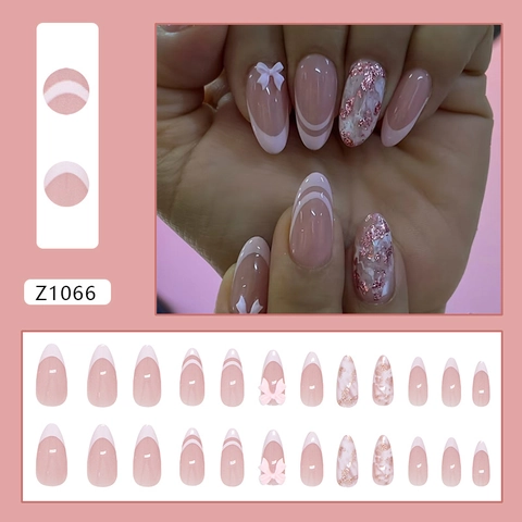 Press On Nails French Pink White Tip 3D Bow Glue On Artificial Nails Almond Shaped For Women Sweet Elegant