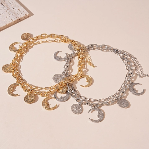 Vintage Boho Double Layer Alloy Necklace With Celestial Sun And Moon Face Pendants For Women Retro Ethnic Style Jewelry