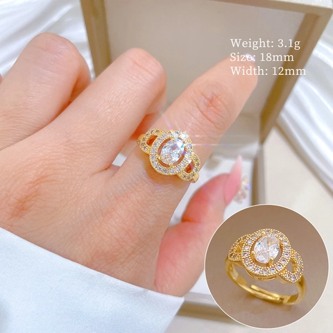 Elegant Oval Cubic Zirconia Ring Real Gold Plated Brass Adjustable Open Finger Ring For Women
