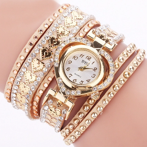 Women Wrap Around Bracelet Watch Rhinestone Heart Shaped Dial Multi Layer PU Leather Strap Quartz Analog Fashion
