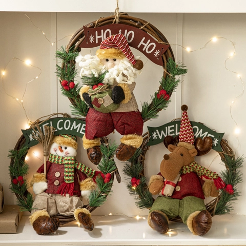 Christmas Wreath Vine Fabric Plush Santa Snowman Reindeer Hanging Ornament Window Door Wall Festival Decoration