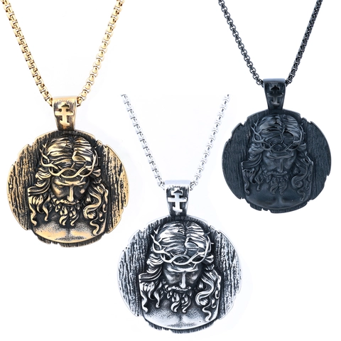 Jezus Christus Doornenkroon Portret Hanger Ketting Roestvrij Staal Ronde Medaille Religieus Retro Katholiek Heren