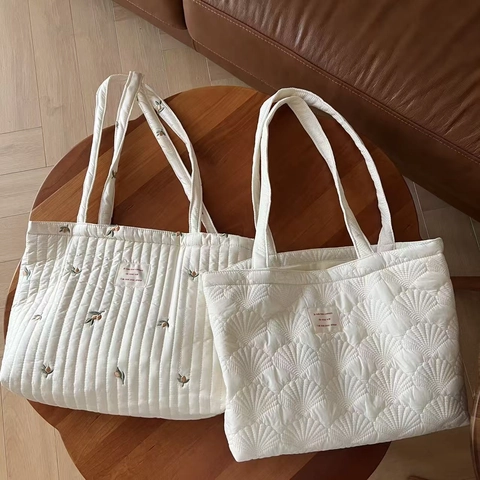 Borsa Tote In Cotone Trapuntato Stile Francese Ricamata Fiori Pois Grande Capacità Borsa A Spalla Imbottita Per Donna