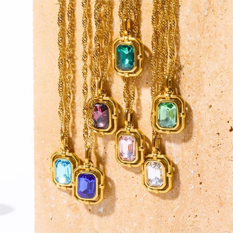 Rectangular Zircon Pendant Necklace Stainless Steel 18K Gold Plated Emerald Green Gemstone Jewelry For Women Vintage Style