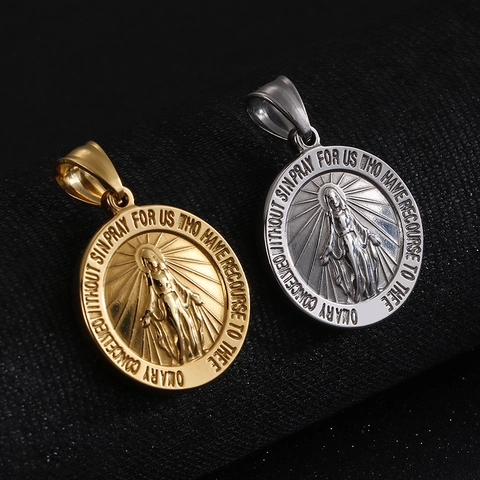 Collana Pendente Medaglia Miracolosa Vergine Maria Acciaio Inossidabile Religioso Retro Tondo Rilievo Catena Corda Per Donne Uomini