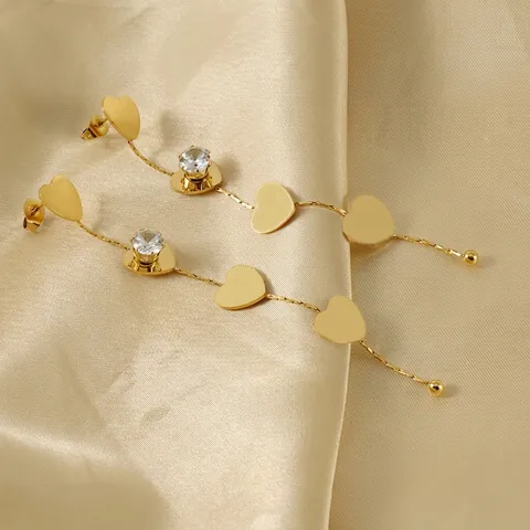 Herzform Lange Quaste Hängeohrringe Edelstahl 18K Vergoldet Zirkon Elegante Mode Schmuck Für Frauen