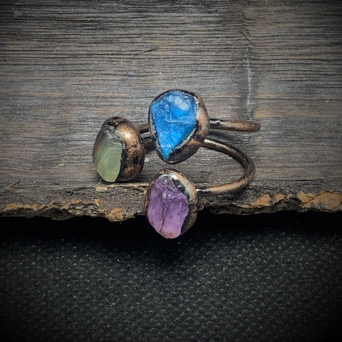 Handmade Antique Copper Open Adjustable Ring With Natural Amethyst Green Fluorite Blue Apatite 3 Stone Bohemian Jewelry