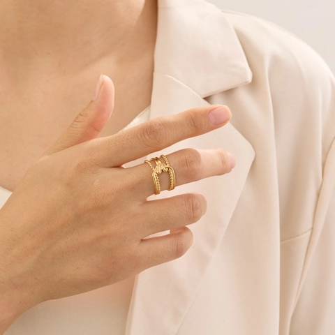 Luxury Stainless Steel Open Ring For Women Gold Plated Multi Layer Beaded Entwined Geometric Knot Adjustable Jewelry