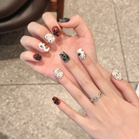 Handmade Halloween Press On Nails 3D Relief Mummy Skeleton Cross Gothic Party Fake Nails Square Short For Women