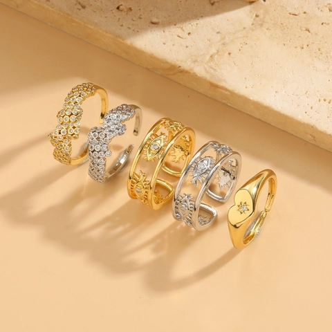 Lichte Luxe Boze Oog Hart Koperen Ringen Voor Dames Gegalvaniseerd Zirconia Verstelbare Geometrische Open Ring Sieraden