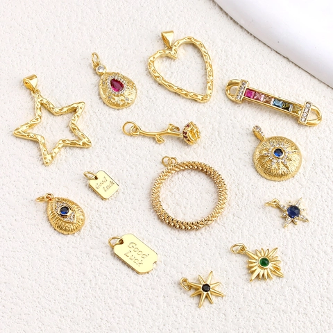 Breloques En Cuivre Plaqué Or Pour Bijoux DIY Pendentif Géométrique En Forme De Star Et Soleil Avec Zircon Coloré