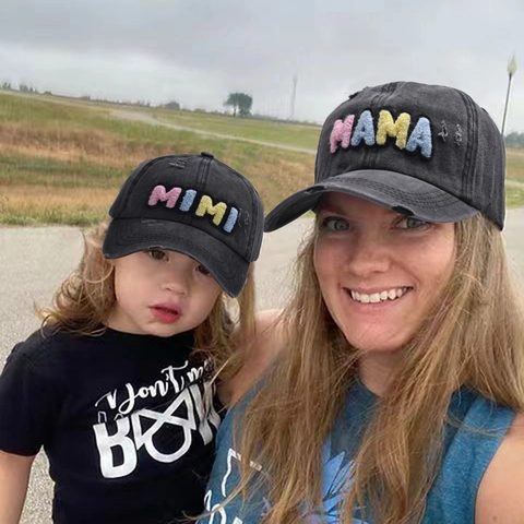 Washed Cotton Distressed Baseball Cap Colorful Chenille Letter Mama Mimi Embroidery Sun Hat For Parent And Child