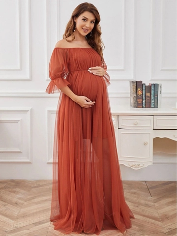 Abito Premaman Maxi In Tulle Spalle Scoperte Elegante Abito Da Sera Con Maniche A Sbuffo Per Donne In Gravidanza