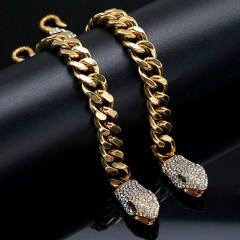 Bracciale Catena Cubana Acciaio Inossidabile Con Testa Di Serpente Strass Placcato Oro Gioielli Hip Hop