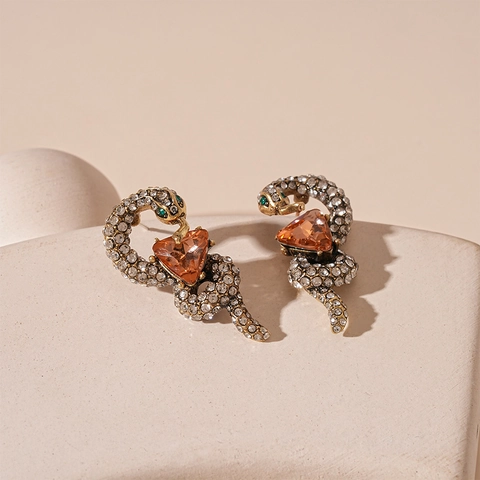 Orecchini A Serpente Vintage Lega Strass Triangolo Gemma Arancione Occhi Verdi Con Perno Per Orecchino In Argento Donna
