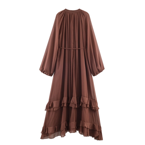 V-Ausschnitt Chiffon Maxi Kleid Laternenärmel Gestufte Rüschensaum Einfarbig Braun Boho Fließendes Elegantes Kleid