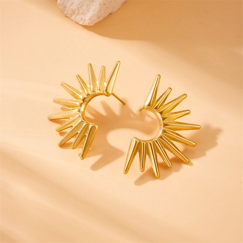 Sunburst Necklace Earrings Ring For Women Gold Plated Stainless Steel Double Layer Snake Chain Sun Ray Retro Fashion