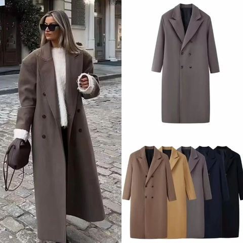 Women Long Wool Like Coat Double Breasted Lapel Oversized Jacket Solid Color Autumn Winter Elegant Outerwear