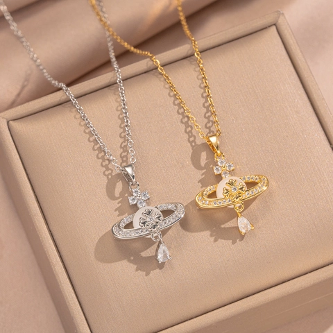 Collar Colgante Saturno Planeta Orb Cobre Circonita Chapado En Oro Perla Artificial Sintética Gota De Agua Joyas Elegantes Accesorio Mujer