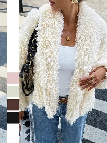 Women Faux Fur Coat Shaggy Long Sleeve Lapel Collar Open Front Winter Warm Soft Jacket Casual Streetwear Chic Outerwear