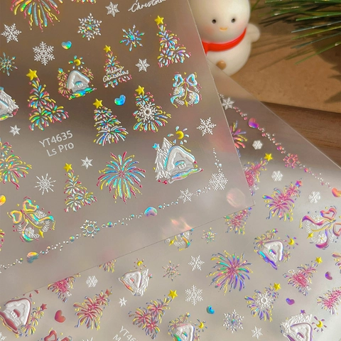 Laser Holographic Christmas Nail Stickers 3D Embossed Self Adhesive Snowflake Tree Firework Decals For DIY Manicure