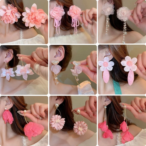 Pink Flower Tassel Earrings With Fabric Petals Faux Artificial Pearls 925 Sterling Silver Earring Post Sweet Summer Jewelry