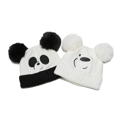 Kids Cartoon Panda Bear Knit Beanie Hat Winter Warm Fleece Lined Faux Fur Pom Poms Acrylic