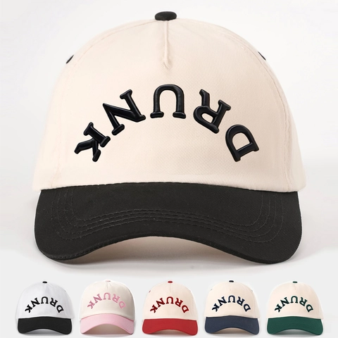 Baseball Cap Cotton Embroidered DRUNK Letters Color Block Adjustable Retro Street Style Outdoor Sun Hat