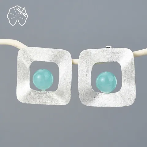 Handmade Minimalist Geometric Square Stud Earrings With Natural Stone And 925 Sterling Silver Earring Post For Women