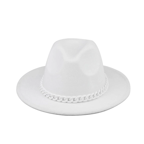 Fedora Hat Wool Felt Wide Brim White Chain Decoration Vintage Fashion Unisex Jazz Cap Elegant Stylish