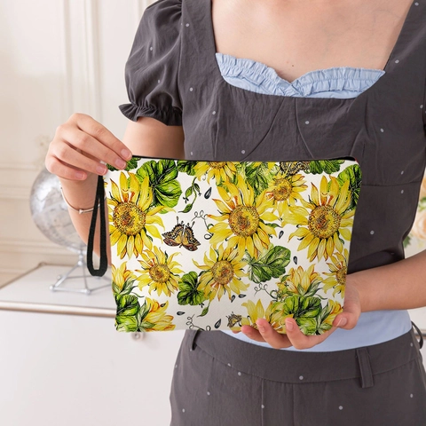 Sunflower Butterfly Print Makeup Bag Linen Polyester Cosmetic Pouch Zipper Portable Storage Case For Women Students