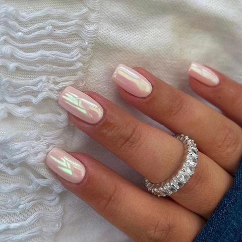 Ψεύτικα Νύχια Aurora Pink Artificial Pearl Luster Τετράγωνο Σχήμα Μεσαίο Μήκος Τεχνητά Νύχια Για Γυναίκες