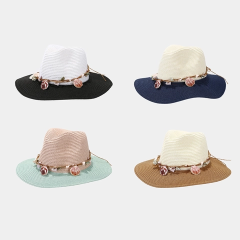 Women Straw Sun Hat Color Contrast Shell Decoration Beach Vacation Wide Brim Panama Style Breathable