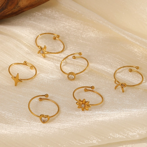 Fashion 304 Stainless Steel Zircon Adjustable Open Rings Minimalist Jewelry Gift For Women Heart Star Flower Gold Tone
