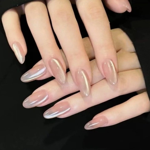 Elegant Cat Eye Press On Nails Long Almond Shape Artificial Pearl Luster Nude Pink Full Cover Removable Manicure For Women