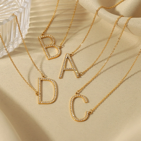 Initial Letter Pendant Necklace 18K Gold Plated Stainless Steel Rhinestone Inlaid Minimalist Jewelry For Women