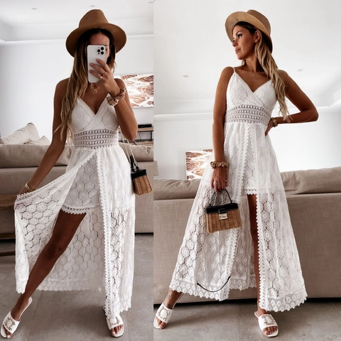 Women Sexy Lace Cami Jumpsuit With Long Hollow Out Overlay Cloak V Neck Boho Summer Beach Holiday Playsuit Backless Apparel