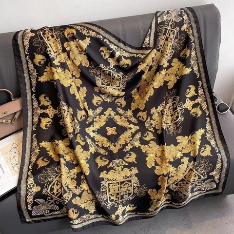 Barock Print Quadratischer Schal Luxus Satin Polyester Hidschab Eleganter Vintage Kopftuch Für Damen