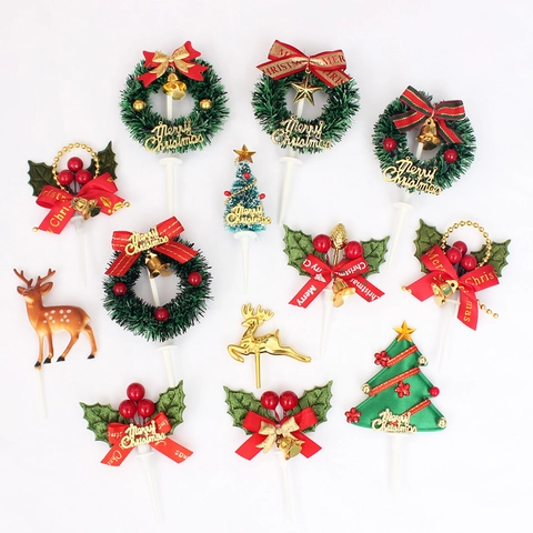 Christmas Cake Topper Reindeer Santa Claus Tree Wreath Plastic Decoration For Holiday Party Festive Miniature