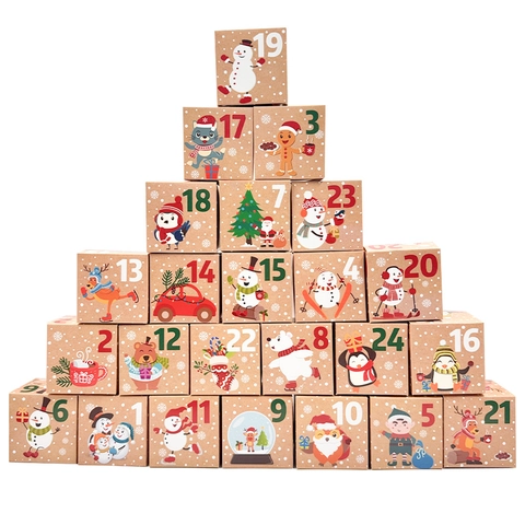 Calendario dell'Avvento di Natale Set di Scatole per Caramelle in Cartoncino Bianco Confezioni Regalo Babbo Natale Pupazzo di Neve