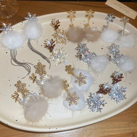 Weihnachtsbaum Schneeflocke Elch Ohrringe Legierung Strass Künstliche Perle Mit 925 Sterling Silber Ohrringstecker Festlicher Schmuck